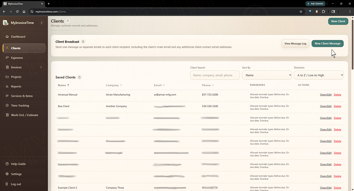 Manage all of your clients screen in MyInvoiceTime