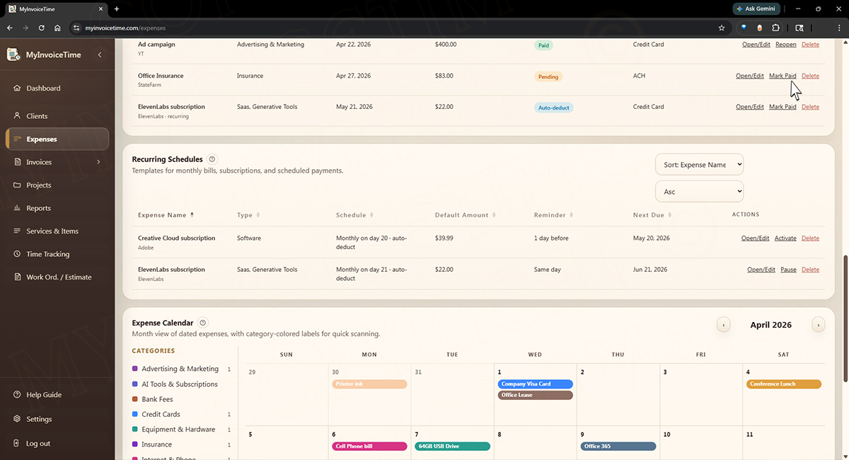 View & manage expenses screen in MyInvoiceTime