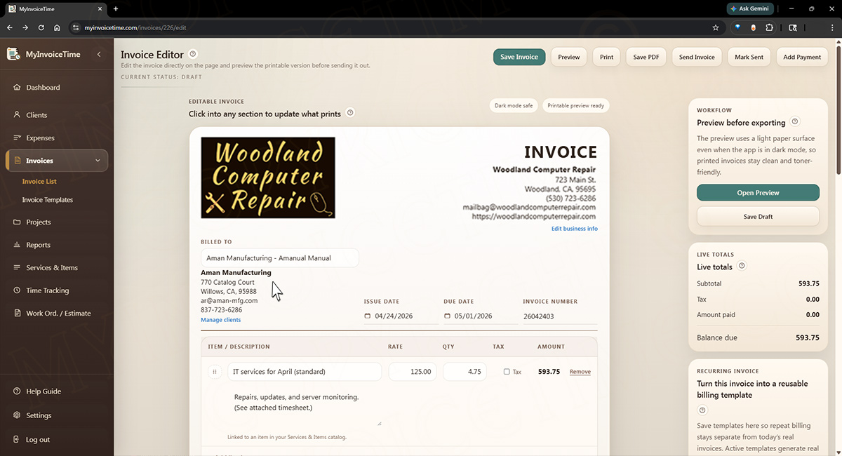 Create the client-facing document screen in MyInvoiceTime