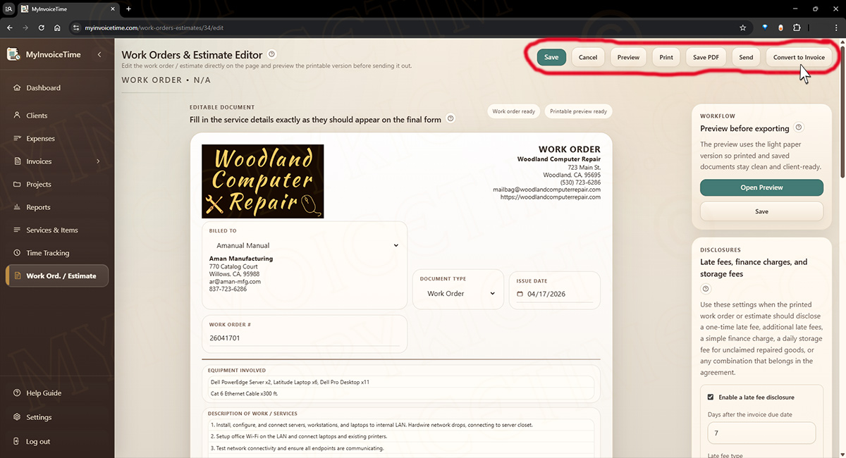 Preview, send, print, or save screen in MyInvoiceTime