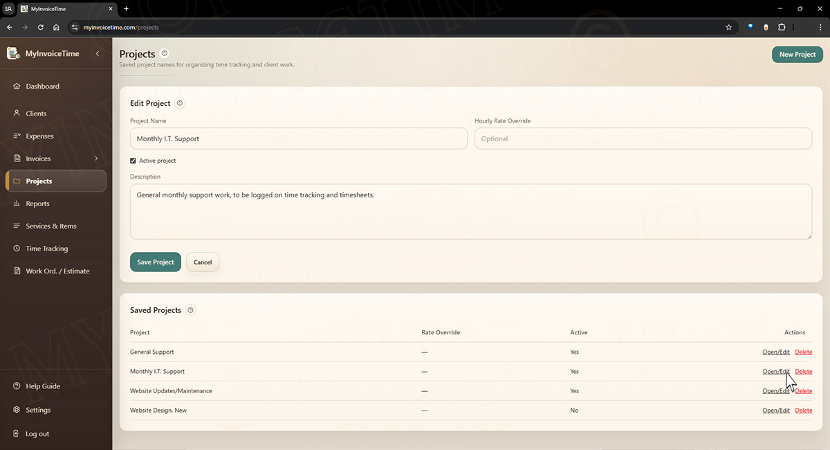 Manage multiple Projects for a client screen in MyInvoiceTime