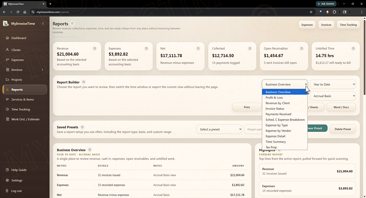 View & generate multiple Reports screen in MyInvoiceTime