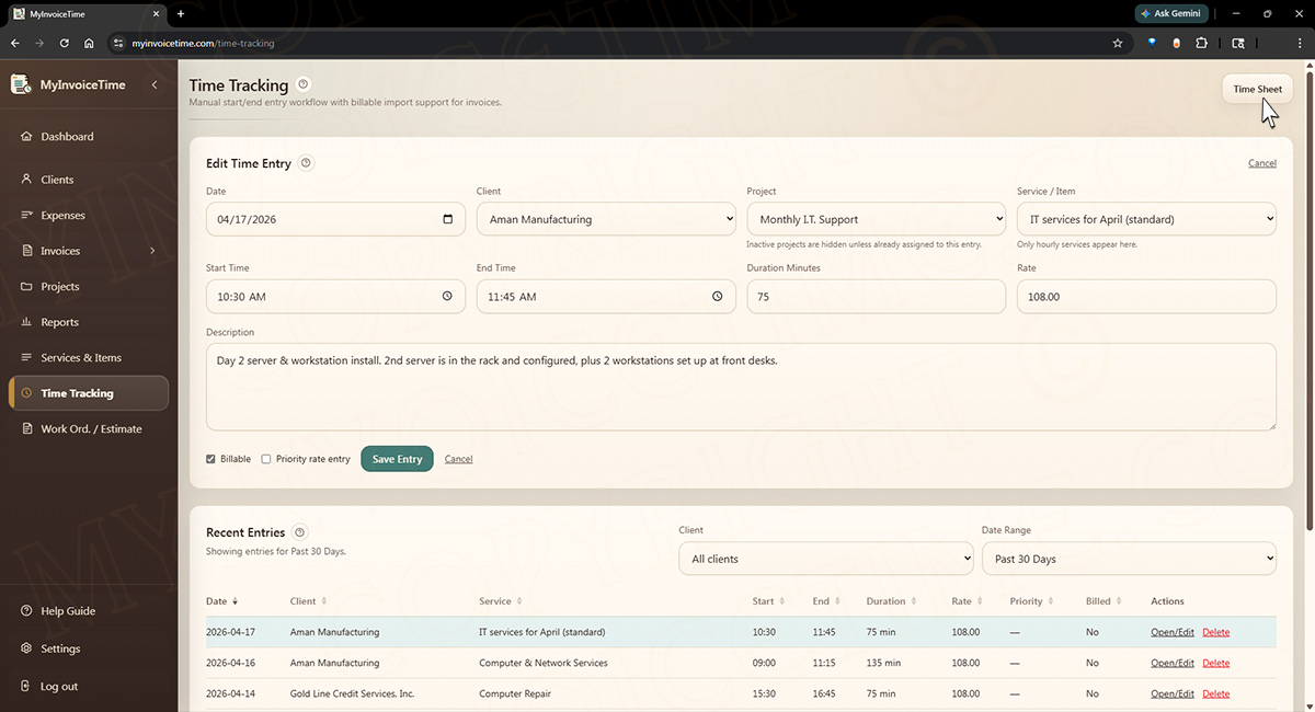 Track your time efficiently screen in MyInvoiceTime