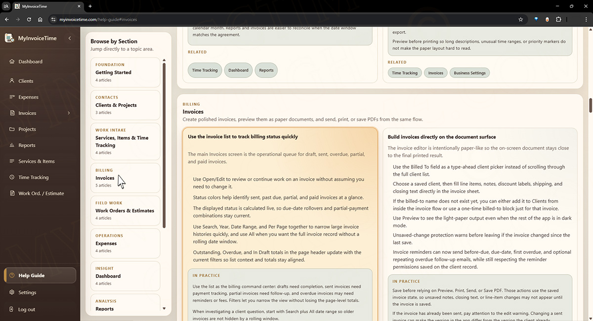 Comprehensive Help Guide screen in MyInvoiceTime